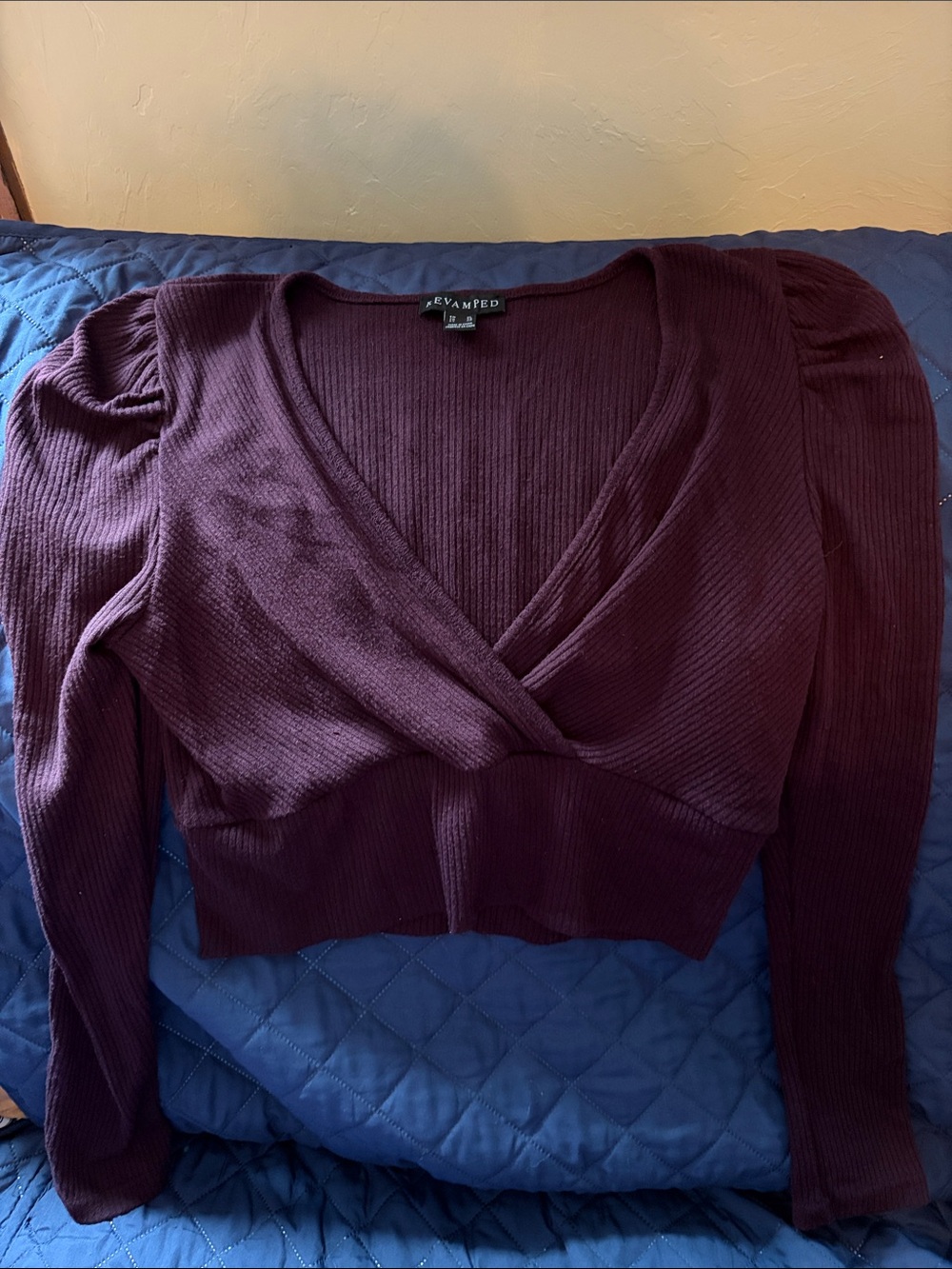 Revamped Women's Plum Ribbed Wrap V-Neck Long Sleeve Top